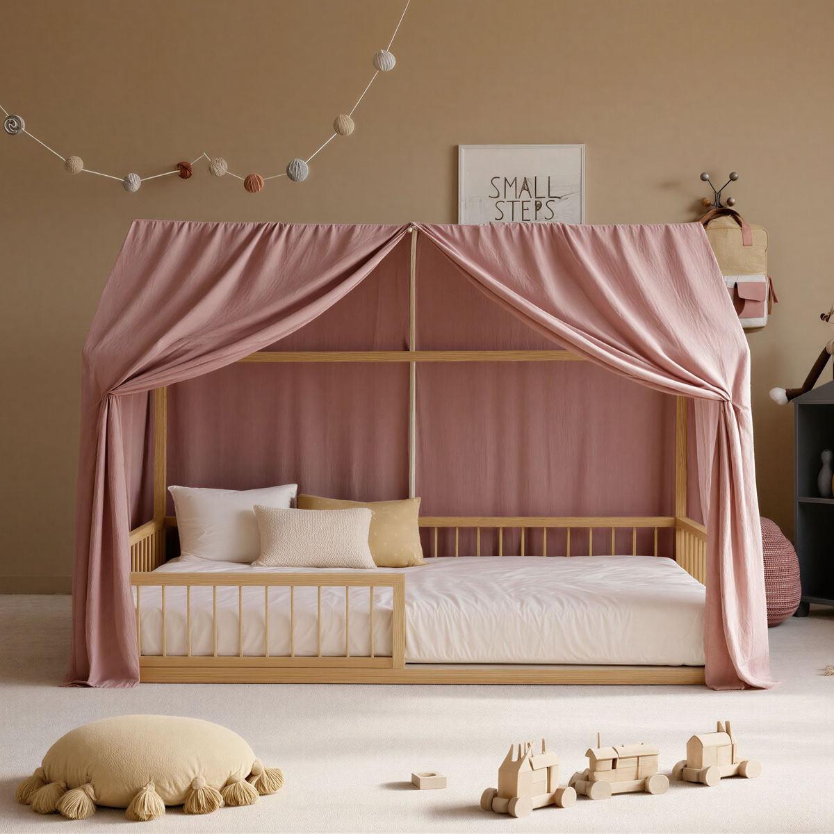 RoseDream Montessori Pine House Bed with Removable Safety Rail & Slats Included