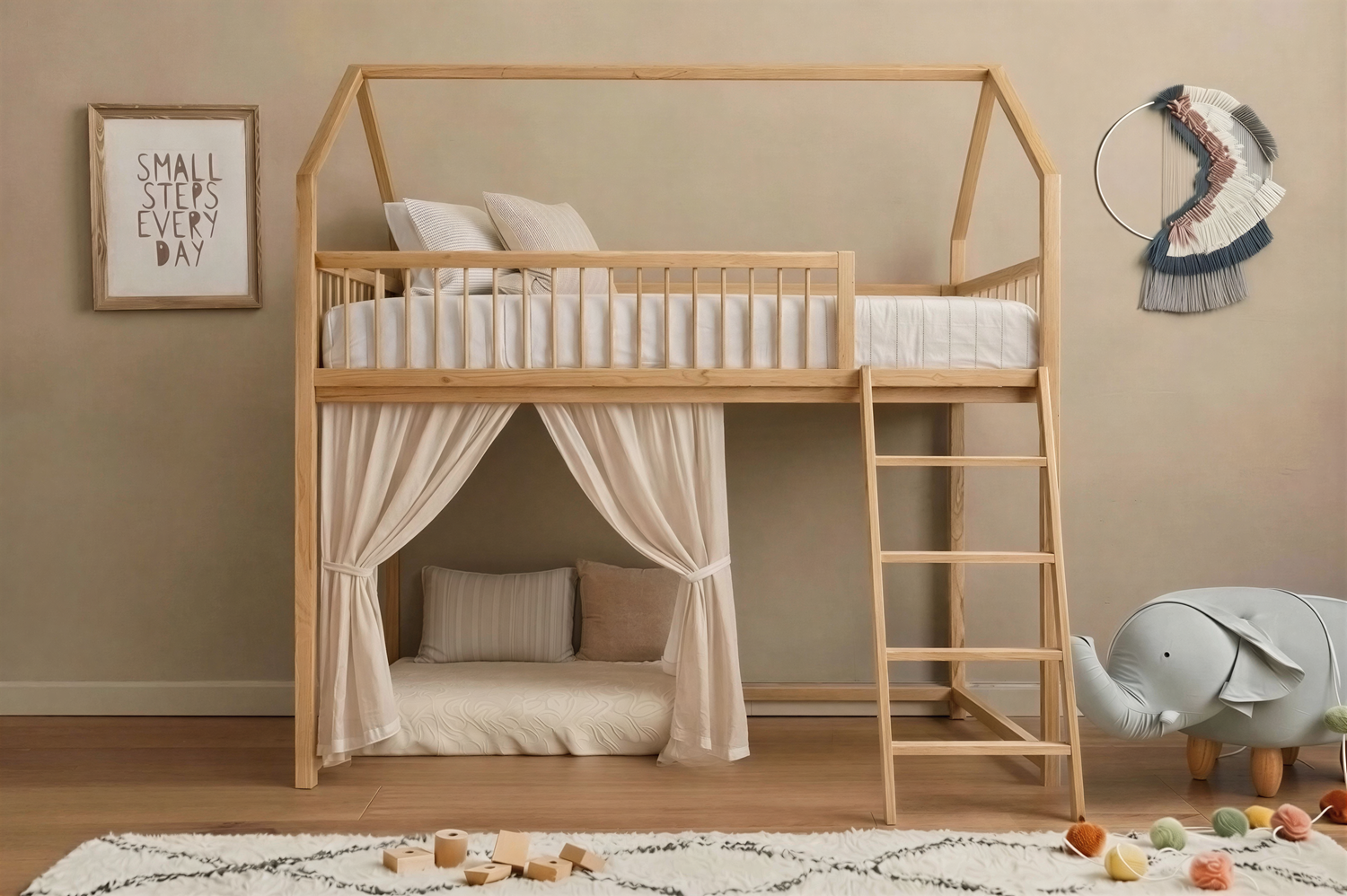 SkyNest Montessori Pine Loft House Bed with Ladder, Safety Rails & Slats Included