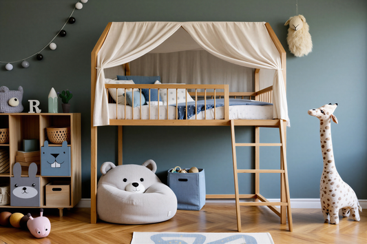 SkyNest Montessori Pine Loft House Bed with Ladder, Safety Rails & Slats Included