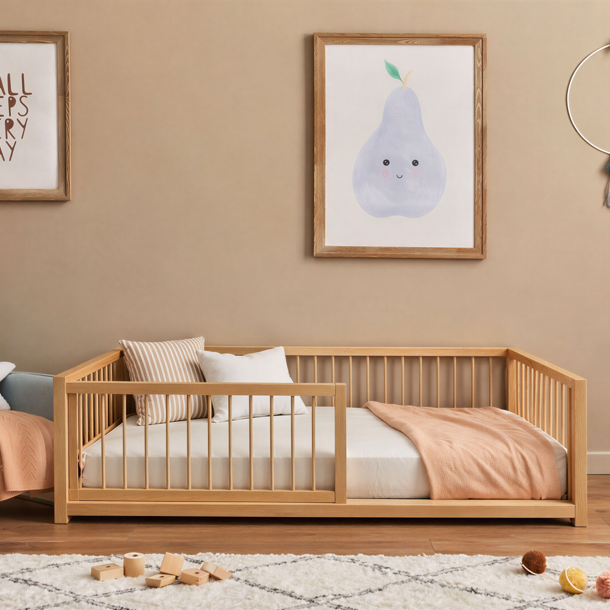 CozyNest Montessori Pine Floor Bed with Removable Rail & Slats Included