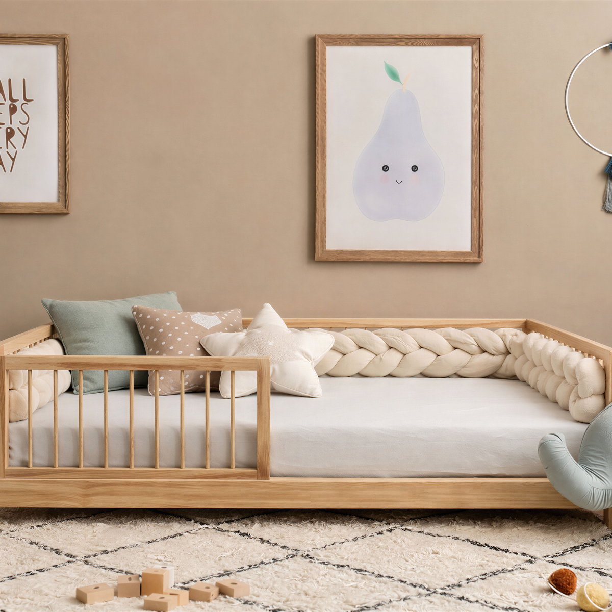 CozyNest Montessori Pine Floor Bed with Removable Rail & Slats Included