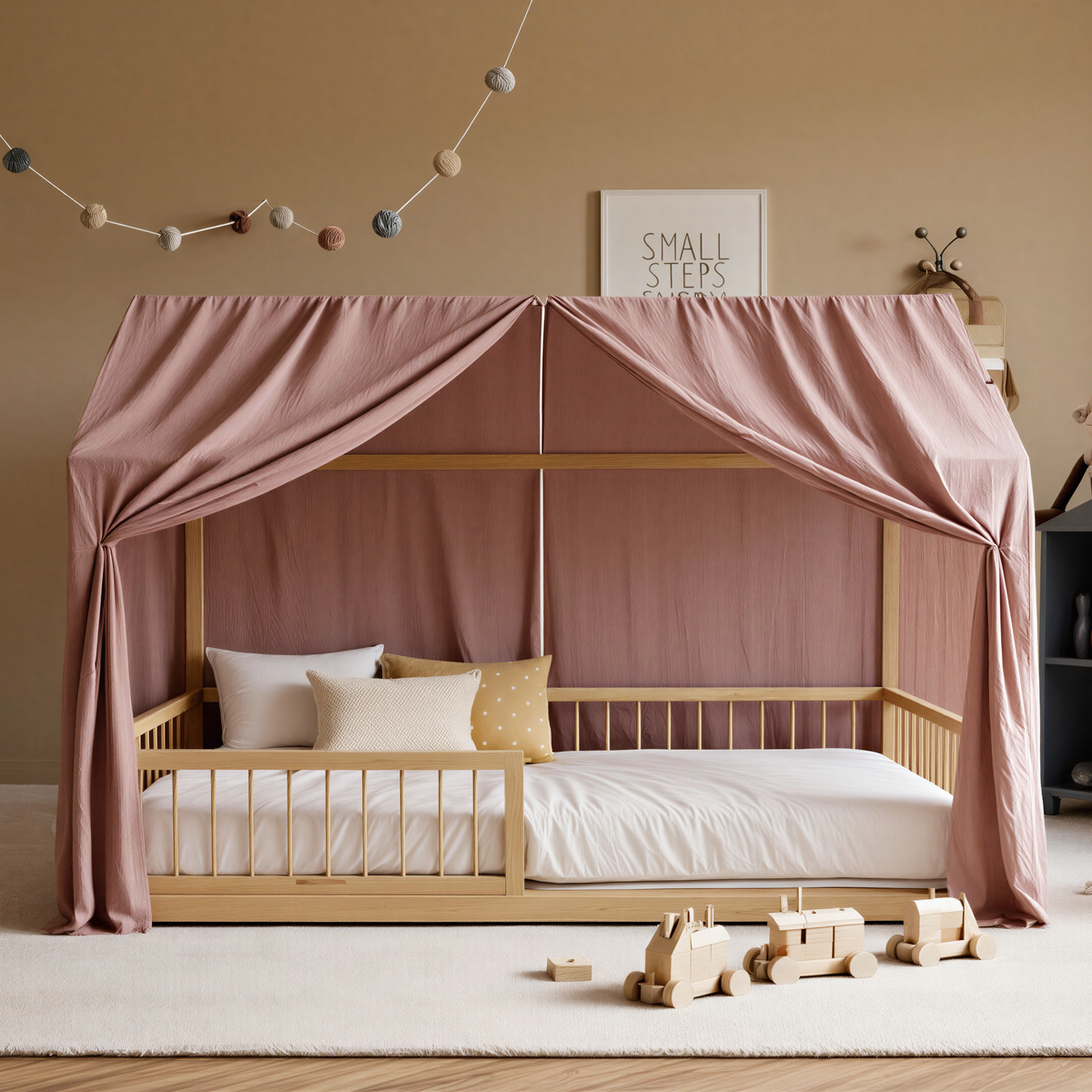 RoseDream Montessori Pine House Bed with Removable Safety Rail & Slats Included