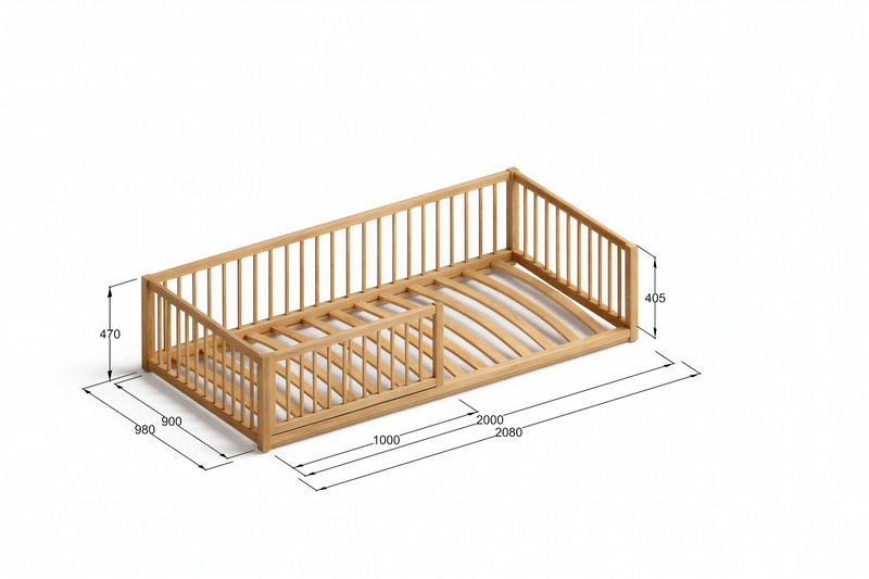 CozyNest Montessori Pine Floor Bed with Removable Rail & Slats Included