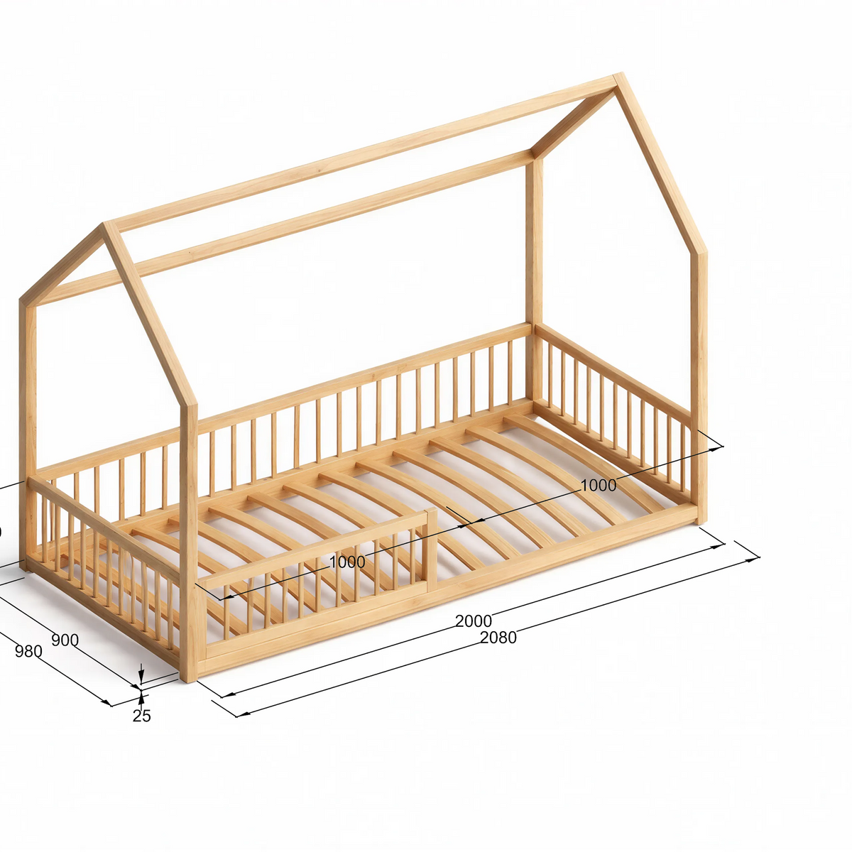 RoseDream Montessori Pine House Bed with Removable Safety Rail & Slats Included